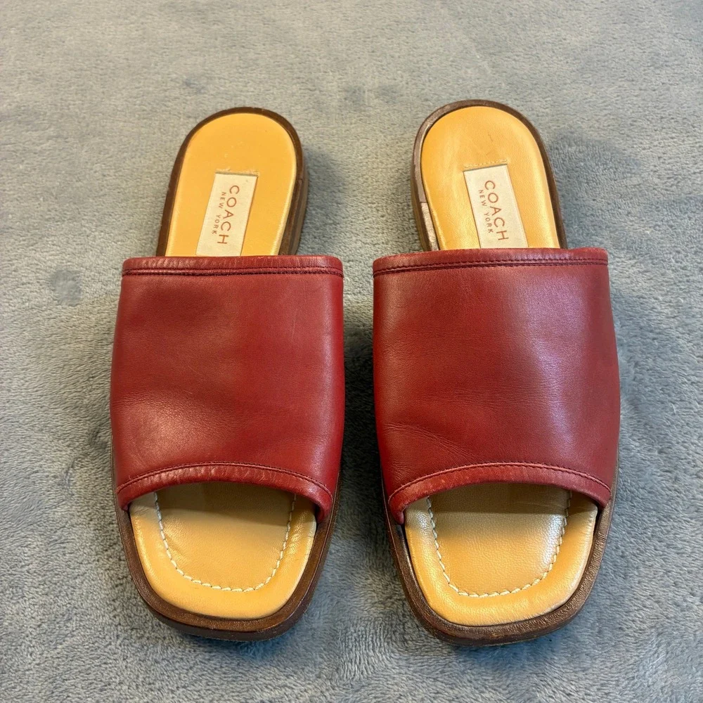 Coach Red Leather Slide Sandals Made in Italy Square Toe Flat Mules Women's 7B